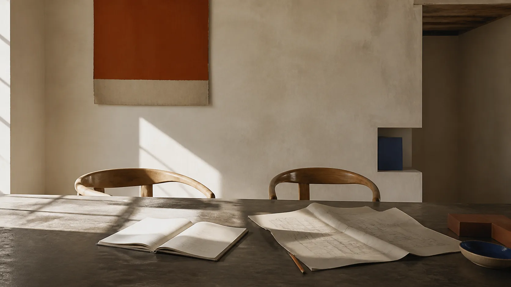 Dos sillas frente a una mesa de trabajo con una libreta y planos bajo luz natural.