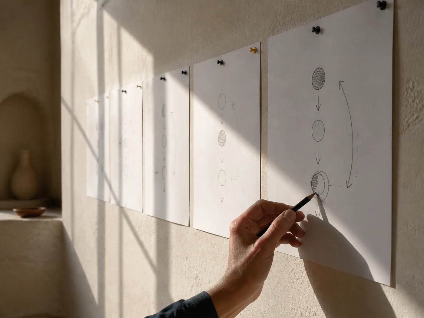 Hojas de planificación alineadas en una pared mientras una mano marca el siguiente paso.